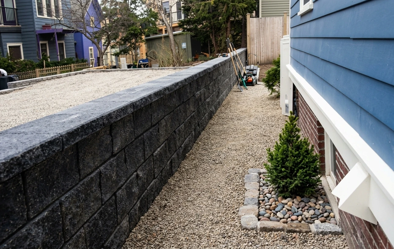 Retaining wall stonework and grade transition